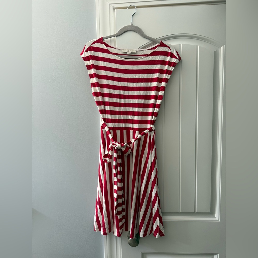 LOFT Red and White Striped Sleeveless Belted Dress